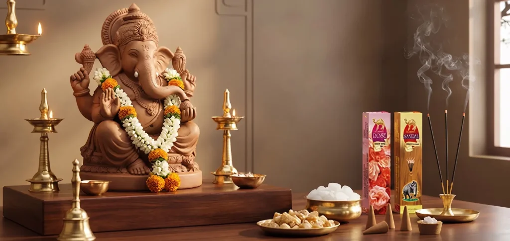 clay-ganesha-idol-incense-sticks-pooja-setup